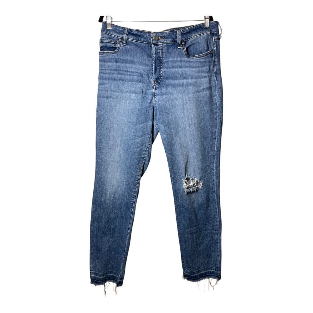 Kut from the Kloth Kristie High Rise Fab Ab Straight Leg 14 Ripped Knee Fray Hem